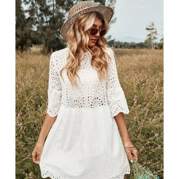 Pippidip Dress Eyelet Lace Mini Dress Scalloped Hemline and Sleeves size Medium - Picture 11 of 11